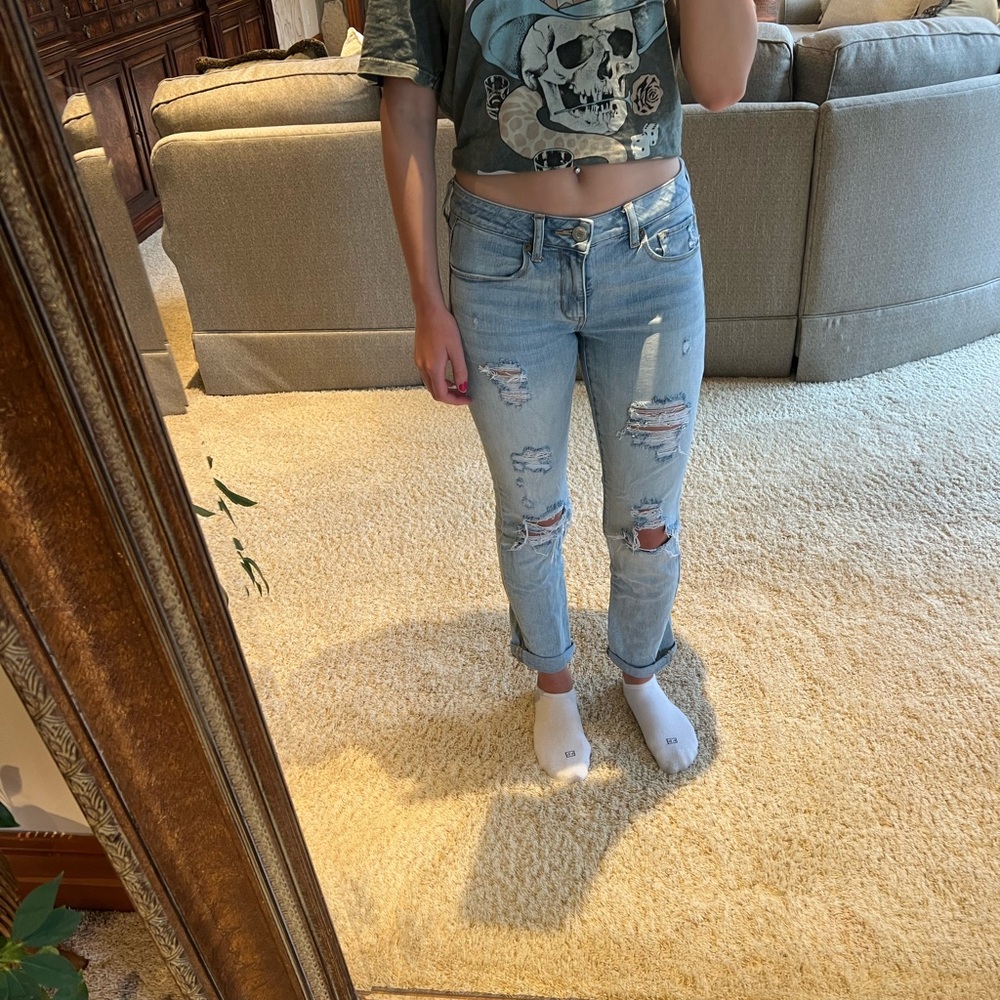 American Eagle Outfitters Blue Skinny Jeans with Distressed Details